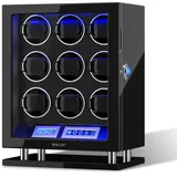 XTELARY Uhrenbeweger, Fingerabdrucksperre Automatischer Uhrenbeweger für 3/4/6/8//9/12 mit LCD-Touchscreen, Fernbedienung, Blauer LED, Leisem Motor und Verstellbaren Uhrenkissen für Herren und Damen