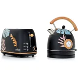 Pack Brottoaster Caprizze Kaito mit Doppeltem Extrabreitem Schlitz und Kessel Nara Mattschwarz mit Retro-Vintage-Blumendesign