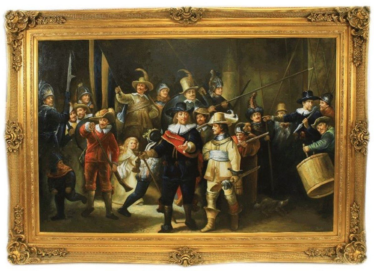 Gigantisches Ölgemälde Nachtwache nach Rembrandt Handgemalt 320 x 250 cm im prinkvollem Goldrahmen - Öl Gemälde Altmeister Replika - Einzelstück