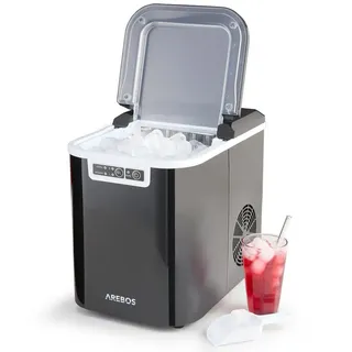 Arebos Eiswürfelmaschine Kunststoff, schwarz, 9 Eiswürfel in 15 Minuten, selbstreinigend, Tank 2,2 Liter