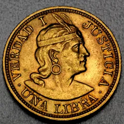 Goldmünze 1 Libra Inka/Indianerkopf Wahrheit & Gerechtigkeit (Peru)