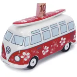 BRISA VW Collection - Volkswagen Spar-Büchse-Schwein-Dose mit Surfbrett im T1 Bulli Bus Samba Design (Flower Power/Rot)