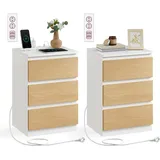 VASAGLE Nachttisch 2er Set, mit Schubladen, und Ladestation wolkenweiß-mandelgelb