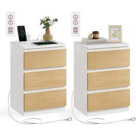 VASAGLE Nachttisch 2er Set, mit Schubladen, und Ladestation wolkenweiß-mandelgelb