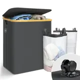 VOUNOT Wäschekorb mit Deckel 145L, Faltbarer Wäschesammler 2 Fächer & Herausnehmbar Wäschesäcke, Laundry Baskets Wäschebox Schmal, Grau