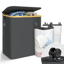 VOUNOT Wäschekorb mit Deckel 145L, Faltbarer Wäschesammler 2 Fächer & Herausnehmbar Wäschesäcke, Laundry Baskets Wäschebox Schmal, Grau