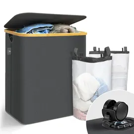 VOUNOT Wäschekorb mit Deckel 145L, Faltbarer Wäschesammler 2 Fächer & Herausnehmbar Wäschesäcke, Laundry Baskets Wäschebox Schmal, Grau
