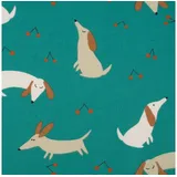 SCHÖNER LEBEN. Stoff Baumwollstoff Webware Dowel Dackel Hund Kirschen türkis 1,47m Breite, allergikergeeignet blau