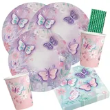 spielum 40-teiliges Party-Set Schmetterling - Flutter - Teller Becher Servietten Trinkhalme für 8 Kinder