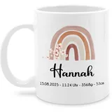 Tasse Tassen 325ml - Regenbogen mit Namen | Regenbogenwunder | Mit Geburtsdaten Name Datum Uhrzeit Gewicht und Größe - 325 ml - Weiß - personalisierte rainbow große kaffeetasse mädchen