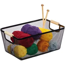 Relaxdays Drahtkorb mit Holzgriffen eckig Aufbewahrungskorb Metall 23 x 37 x 17 cm schwarz