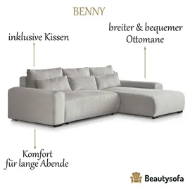 beautysofa | Ecksofa BENNY L mit Schlaffunktion und Bettkasten, Beige – Ottomane rechts – Modernes Polstersofa - Beige