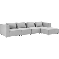 Juskys Modulares Sofa Domas 4 Sitzer mit Ottomane, Armlehnen + Kissen Stoff Hellgrau