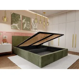 Muralo Polsterbett für Schlafzimmer Polsterbett mit Bettkasten und Gasdruckfeder Bett mit Polsterkopfteil Doppelbett 140x200 Bett mit Stauraum Khaki