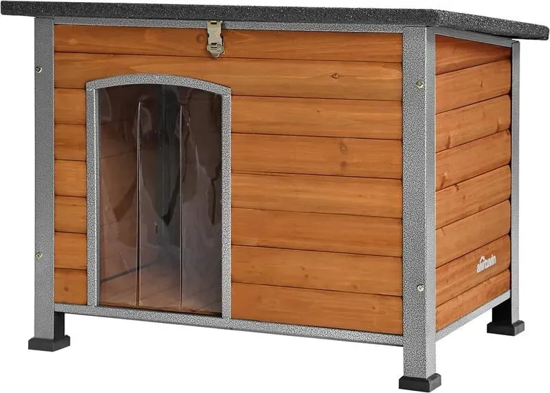 Aivituvin Hundehütte für drinnen und draußen, wetterfestes Holz-Hundezuhause für den Winter, geeignet für kleine, mittelgroße und große Hunde, einzigartiger vollständig umschließender Stahlrahmen (Braun, L)