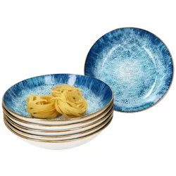 Marina 6er Set Suppenteller blau 450ml Porzellan Teller tief Pasta Ozean maritim