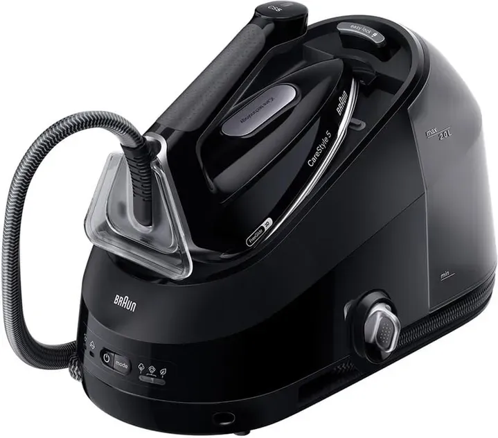 Braun CareStyle 5 Dampfbügelstation IS 5249 BK mit 7,5 bar, 510 g/min Dampfstoß, abnehmbarer 2,0 l Wassertank, EloxalPlus Bügelsohlen-Beschichtung, FreeGlide 3D Technologie, iCare Modus, Ultimate FastClean Entkalkungssystem