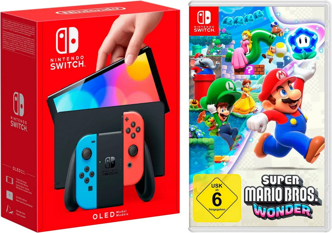 Preisvergleich Produktbild Nintendo Switch OLED + Super Mario Bros. Wonder blau|rot|schwarz