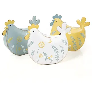 Logbuch-Verlag Deko 3 Hühner Deko Ostern aus Metall gelb weiß blau zum Hinstellen 15 cm Geschenk Küche Sommer Garten 15 x 13 cm