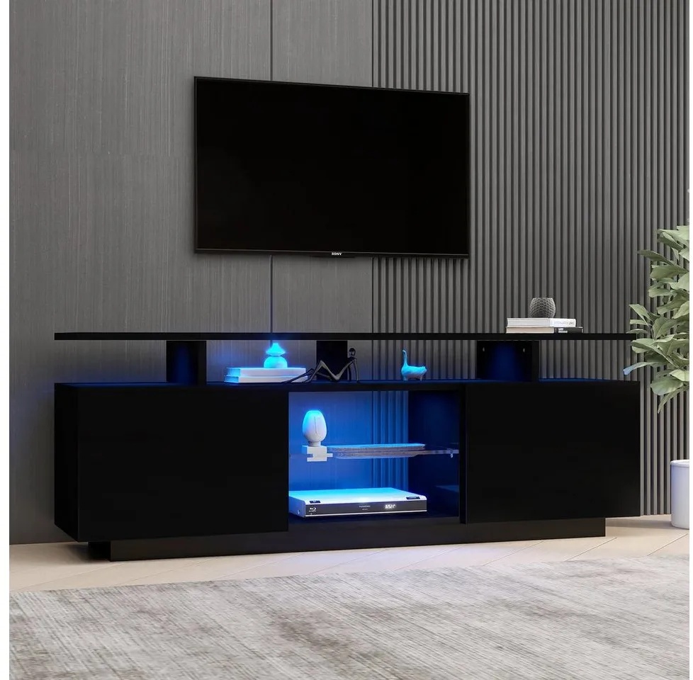OKWISH Lowboard Fernsehtisch Lowboard TV-Board, Fernsehtisch, mit 16-farbiger LED-Beleuchtung, mit Glasfächern schwarz