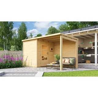 Karibu Saunahaus Außensauna Gartensauna Pepe 2 mit Anbaudach ohne Ofen 433 x 196 cm Farbe: Naturbelassen