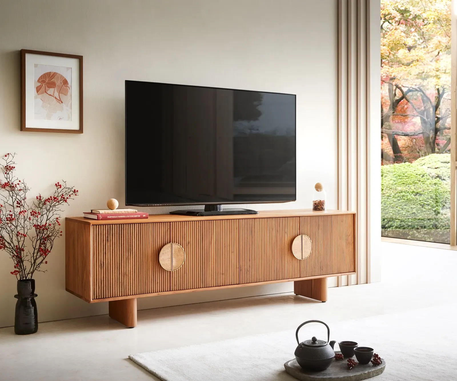 DELIFE Meuble-TV Surimu 175 cm acacia brun clair 4 portes liège-poignée pieds en bois, Meubles-TV