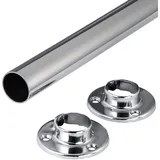 Gedotec Kleiderstange Wandmontage rund | 1 Set Garderobenstange mit 2 Stk Schrankrohrlager Chrom glänzend poliert | POLE | Möbelrohr Stahl 1500 mm Länge Ø 25mm - 60 kg Tragkraft | Kleiderstange Wand