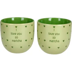 2x I Love Matcha Becher 370ml Steingut-Tassen 2 Personen Matcha-Drink Tee grün