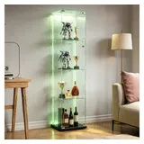 Simurq Glasvitrine Standvitrinen mit LED Beleuchtung, 3 Lagen Vitrinenschrank mit Glastür (1-St, Glas Vitrine mit 1 Glastür und 4 Lagen, Glasschrank mit Schloss) Sammlervitrine für Sammlerstücke, Modernes rahmenloses Design schwarz