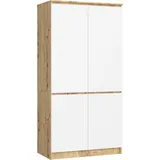 Akord - Kleiderschrank S90 Eiche Artisan, Weiß 90 Cm 4 Türen 4 Regalböden B90xh180xt51 Cm