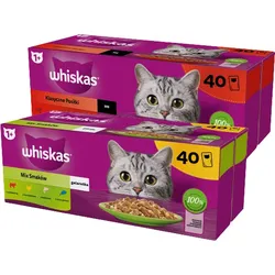 WHISKAS Adult Sachets 40 x 85 g Gemischte Geschmacksrichtungen - Nassfutter für ausgewachsene Katzen, in Gelee + WHISKAS Adult Sachets 40 x 85 g Klassische Mahlzeiten
