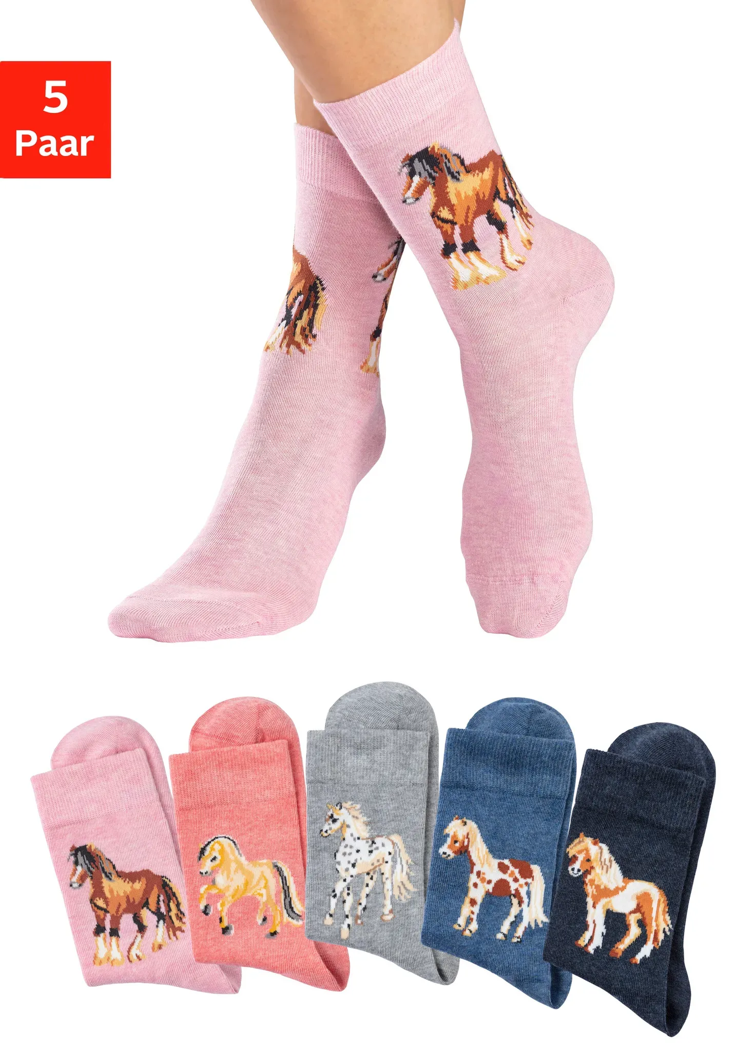 Socken H.I.S, Jungen, Gr. 27-30, bunt (1x hellrosa, meliert, 1x lachs, meliert, 1x hellgrau, meliert, 1x jeans, meliert, 1x dunkel jeans, meliert), Baumwollmischung, uni und gemustert, elastisch, Socken Socken, Mit unterschiedlichen Pferdemotiven, Topseller