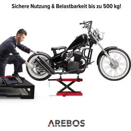 Arebos Motorradheber, Motorrad Hebebühne, Wagenheber, 500kg, Rot, Spindelantrieb, 95 bis 375 mm Höhenverstellbar