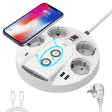 Steckdosenleiste mit USB, Mehrfachsteckdose mit USB C/A Ports, 4 Steckdose und 15W Wireless Charger, PD 20W Steckerleiste Überspannungsschutz mit Schalter für Büro, Haus