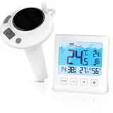 CSL – Solar Poolthermometer Funk mit Display – Temperaturanzeige – Luftfeuchtigkeit – Innen- & Außentemperatur - Pool Schwimmbecken Schwimmbad Whirlpool - Pool Thermometer