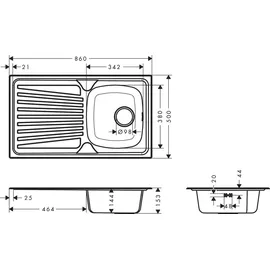 Hansgrohe S21 1 Becken rechts Einbauspüle Edelstahl manuelle Ablaufgarnitur 860 x 500 mm