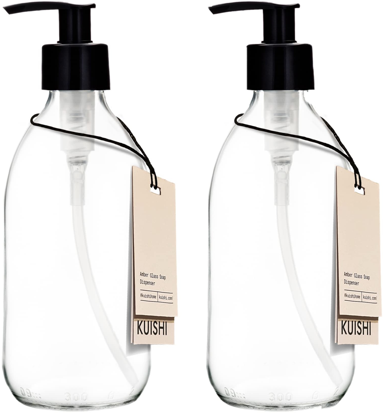 Kuishi Clear Glass Soap Dispenser with Pump [300ml Pack of 2], Clear Soap Dispenser with Black Plastic Pump (BPA-Free), Glass Shampoo Bottles Ideal for Handwash, Conditioner, Shower Gel