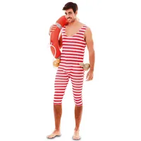 Eurocarnavales Erwachsen Kostüm Retro Badeanzug rot-weiß gestreift, wahlweise mit Haube, Beachparty Karneval (Herren-52) - 52