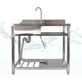 Lemodo Spültisch freistehend, Wasserhahn mit Kalt Warm Anschluss, Spülbecken Größe L