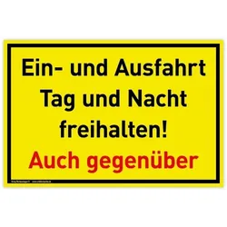 Schild Ein- und Ausfahrt | PVC 30 x 20 cm | Tag und Nacht freihalten Auch gegenüber | gelb | PVC-Schild mit UV-Schutz | Einfahrt freihalten, Ausfahrt