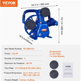 Vevor Luftkompressor-Pumpenkopf, 10 PS, 17,5 CFM bei 90 PSI, 3-Zylinder-Ölschmierung, Kolbenpumpenkopf, Zweistufiger V-Typ-Pumpenersatz