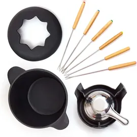 Bonvivre Gusseisen Fondue Set für 6 Personen - 1 Liter - Fondueset 13-teilig mit Brenner und 6 Gabeln - mit Emaille-Beschichtung - Schwarz