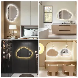 pesenxan Spiegel mit Beleuchtung Asymmetrischer, LED Badspiegel mit Touch-Schalter, 3 Lichtfarbe, Dimmbar, Badezimmerspiegel mit Beleuchtung 80x 53cm