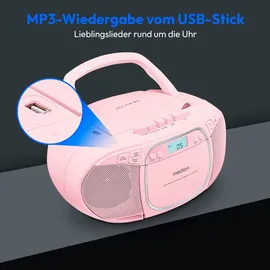 Medion E66476 Stereo Sound System (Boombox, CD-Player, MP3, Kassette, tragbarer Kassettenspieler für Kinder, UKW Radio, AUX, Kopfhörer, Netz & Batterie) Pink