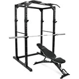 MSPORTS Power Rack Premium Cage H/B/T - 215x120x140 cm Kraftstation bis 200 kg Hantel Käfig Squat Fitnessstation (Power Rack + Hantelbank + Olympia Langhatel)