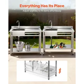 Vevor Spültisch Spülbecken Edelstahl (120 x 50 x 94 cm), Einzelbecken mit Wasserhahn & Ablage, Küchenspüle für Garage Restaurant Wäscherei, Waschtisch Außenspüle mit Arbeitsplatte (recht)