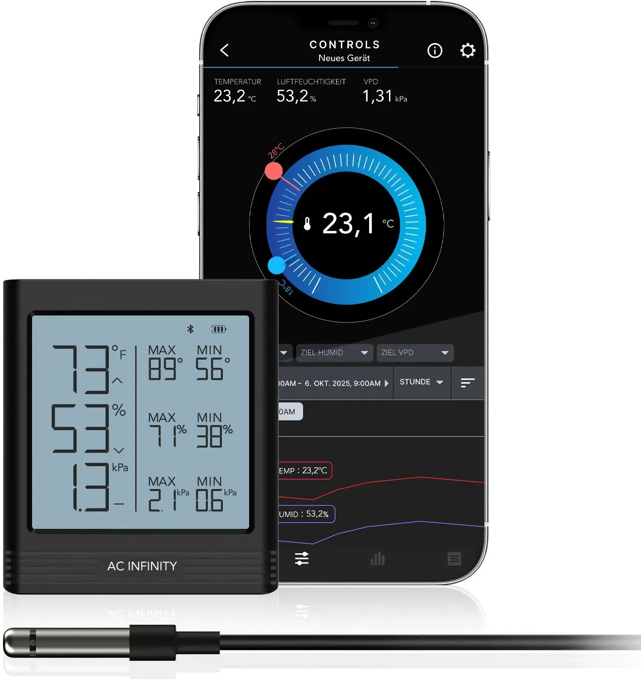 AC Infinity Smart Hygrometer B1 mit Display und externem Klimasensor