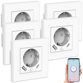 Luminea Home Control 5er-Set WLAN-Unterputzsteckdosen mit App, je 1x USB A, 1x USB C, 2 A