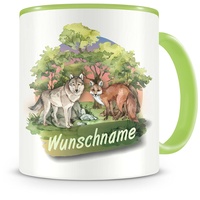 Samunshi® Kindertasse mit Namen Tasse Wolf und Fuchs Personalisierte Tasse mit Namen Kinder Kinderbecher mit Namen Kindergarten grün 300ml