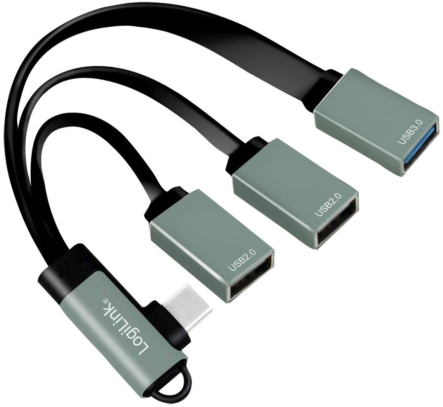 LogiLink UA0361 - USB-CTM (USB 3.1 Gen1 bis 5Gbps) Hub mit 90° gewinkeltem Stecker auf 2X USB 2.0 (Typ A Buchse) + 1x USB 3.0 (Typ A Buchse)